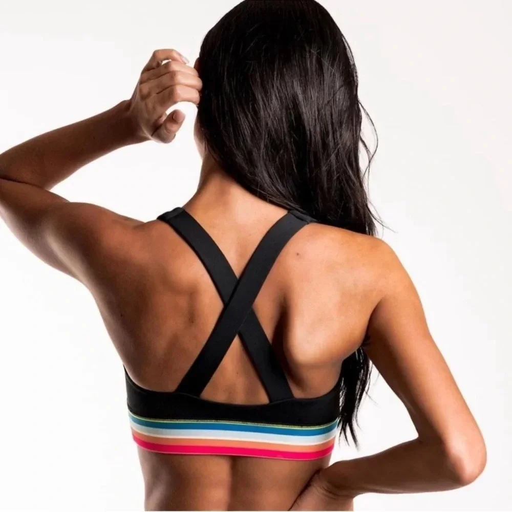New IVL Collective Rainbow Stripe Sports Bra Size 10 L Black Maize Crossback